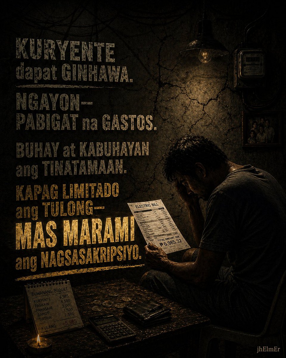 ZurcaledRemlej's tweet image. Kuryente dapat nagpapaginhawa, hindi pabigat.

KURYENTE dapat GINHAWA.
NGAYON—PABIGAT na GASTOS.
BUHAY at KABUHAYAN ang TINATAMAAN.
KAPAG LIMITADO ang TULONG—MAS MARAMI ang NAGSASAKRIPISYO.

Limitado ang tulong, nakararami ang sumasalo ng bigat ng sistema.

#RealTalk #Kuryente