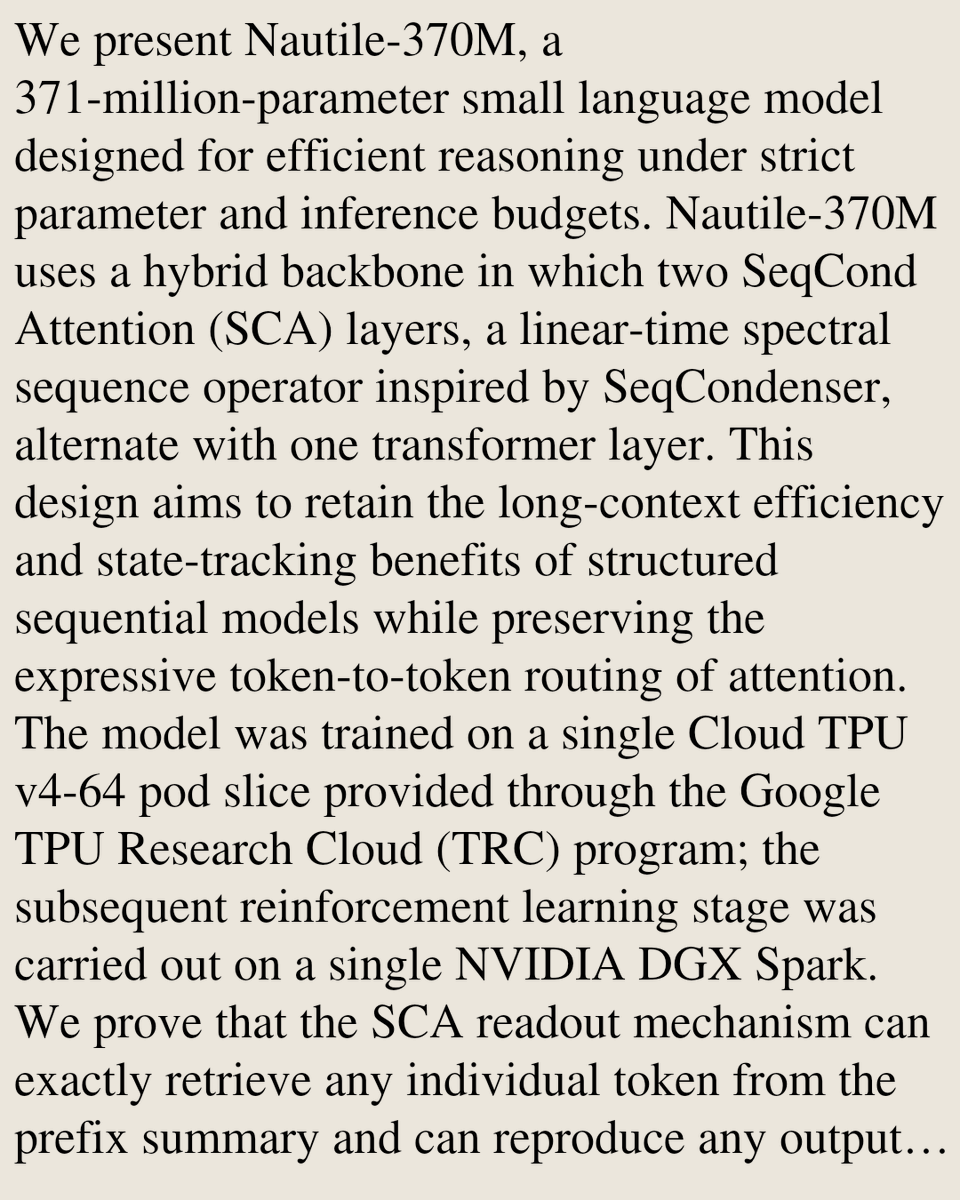 Memoirs's tweet photo. Nautile-370M: Spectral Memory Meets Attention in a Small Reasoning Model

Maixent Chenebaux
https://t.co/cMUqgZ0kNt [𝚌𝚜.𝙻𝙶 𝚌𝚜.𝙰𝙸] https://t.co/4dBsCAVyvL