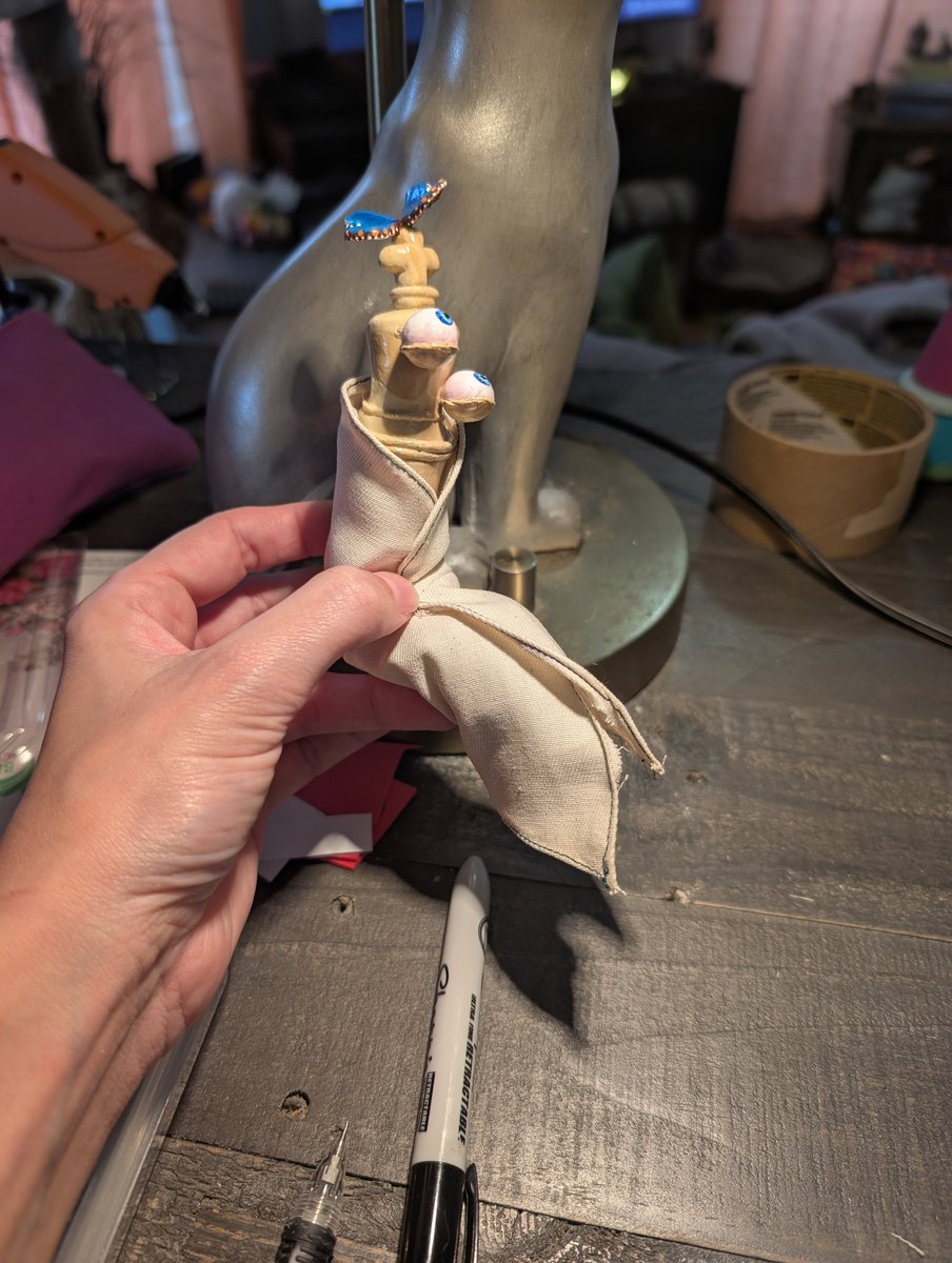 JeNeSaisJordan's tweet photo. I thought patterning his clothes would be the easy part since I've made puppet outfits. Nope! I thought I could drape fabric around his body &amp; mark as I went, but since he's sitting I actually had to use the plastic wrap and masking tape method. The final piece is made of 4 parts https://t.co/jrdhVp7sVc