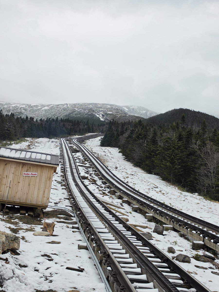 ArmstrongM84's tweet photo. Last week on Earth Day I rode Mount Washington Cog Railway on one of their biodiesel trains. 😆
Wish we could’ve reached the summit, but it was still too cold. Mount Washington earns its title: “Home of the World’s Worst Weather.” Thanks Ashley.
 #mountwashingtonrailway https://t.co/cbwZfP2Bfq