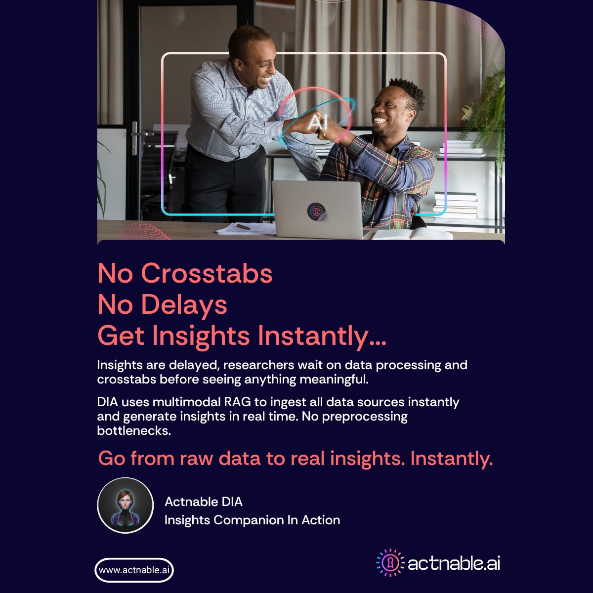 ActnableAI's tweet photo. Actnable DIA (Deep Insights Agent) gets you deeper insights instantly, directly from your survey raw data without waiting days for the crosstabs from your DP team... 
#actnableDIA #marketresearch #innovation #researchinnovation #ai #insights https://t.co/F7zq25debz