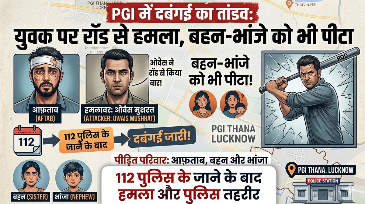 crime81231's tweet image. लखनऊ के PGI क्षेत्र में आफताब पर रॉड से हमला।
आरोप—ओवैस मुशरत ने बहन और भांजे को भी पीटा।
112 कॉल के बाद भी आरोपी ने दोबारा किया वार।
पीड़ित ने थाने में दी तहरीर।

#Lucknow #PGI #CrimeNews
#Breaking #UPPolice #Attack
#LawAndOrder #Trending #IndiaNews