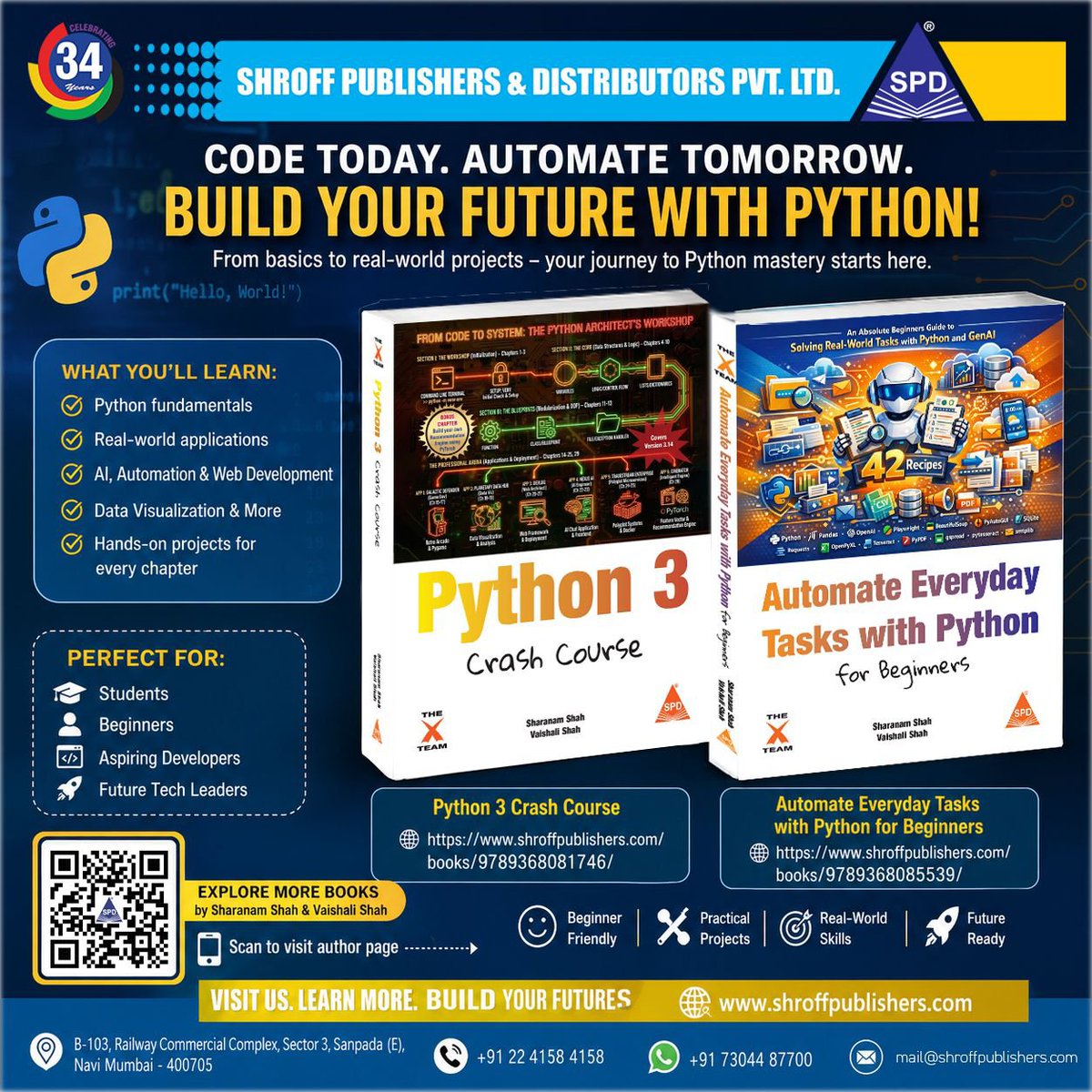 shroffpub's tweet image. Code today. Automate tomorrow. 🚀
Python 3 Crash Course 
⛓️‍💥 
shroffpublishers.com/books/97893680…
Automate Everyday Tasks with Python
⛓️‍💥 shroffpublishers.com/books/97893680…
@explorewithsher
#Python #Coding #Automation
