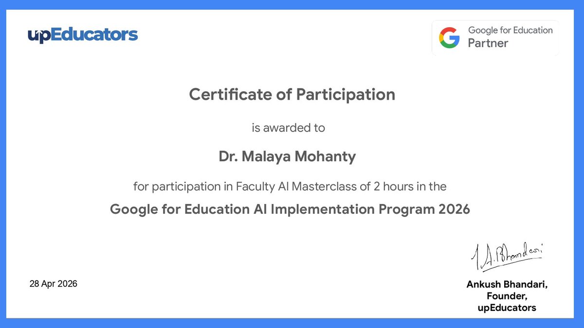 imalayamohanty's tweet photo. Just attended the Google for Education AI program via upEducators!
​Mastered "PARTS" prompting &amp; NotebookLM. Excited to apply these to my Traffic Engineering research and course prep.
@Google
@upEducators
@GeminiApp
@NotebookLM
Thanks @KIITUniversity 
​#AI #TrafficEngineering https://t.co/ZIe927P7bZ