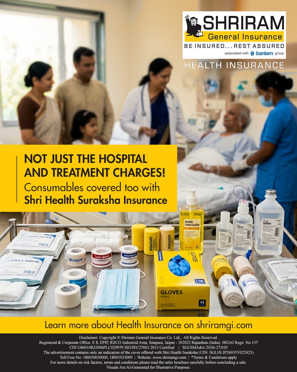 Shriram_GI's tweet image. Health emergencies come with more than just hospital bills - even consumables can add up. Stay prepared with health insurance that helps cover the extras too.

Visit shriramgi.com to know more.

#HealthInsurance #ShriHealthSuraksha #MedicalCoverage #InsuranceAwareness