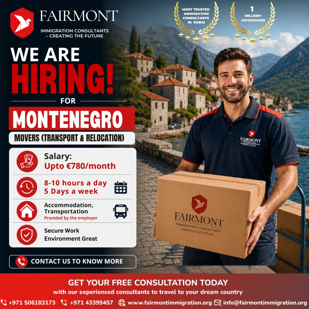 fairmontuae's tweet image. 🚛 Movers Wanted in Montenegro 🇲🇪

Earn up to €780/month 💶
🕒 8–10 hrs/day | 5 days/week
🏠 Accommodation + transport provided
Apply with Fairmont Immigration Consultants
📞 +971 506183173 | +971 43399457
✉️ info@fairmontimmigration.org
#MontenegroJobs #WorkInEurope #MoverJobs