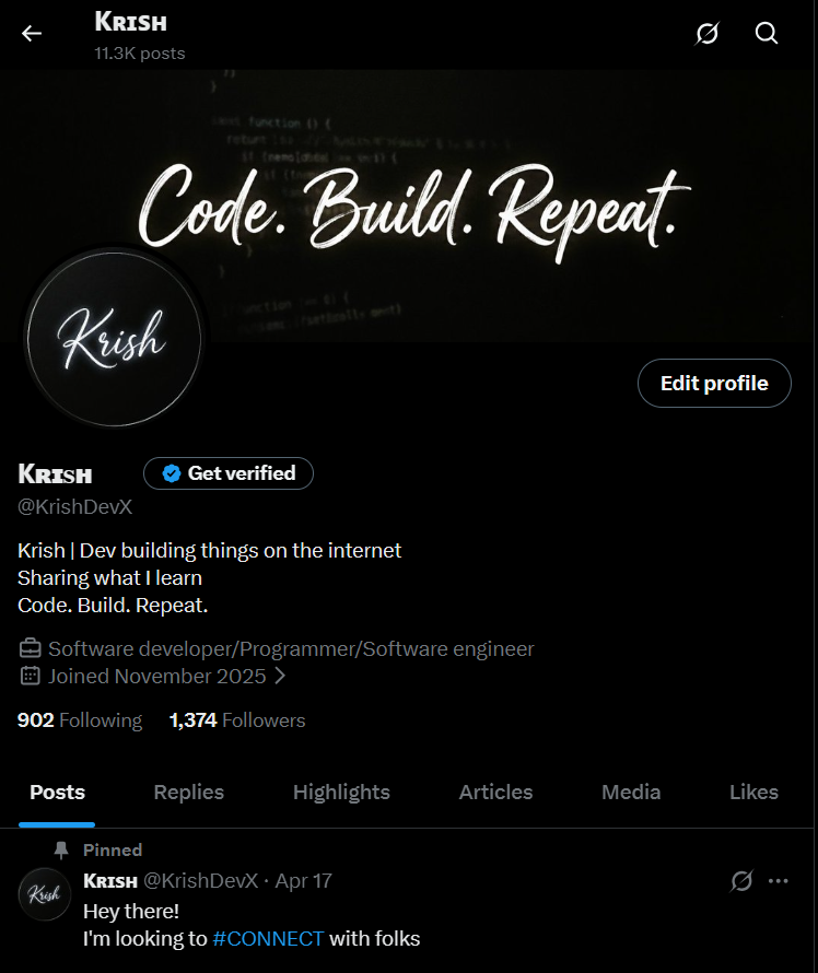 KrishDevX's tweet image. 1,370 followers.

No viral tricks.
No overnight growth.
Just showing up, solving problems, and sharing what I learn in public.

Crazy how consistency quietly does its job.

On to 2k 🚀

#BuildInPublic #CodingJourney #DevTwitter