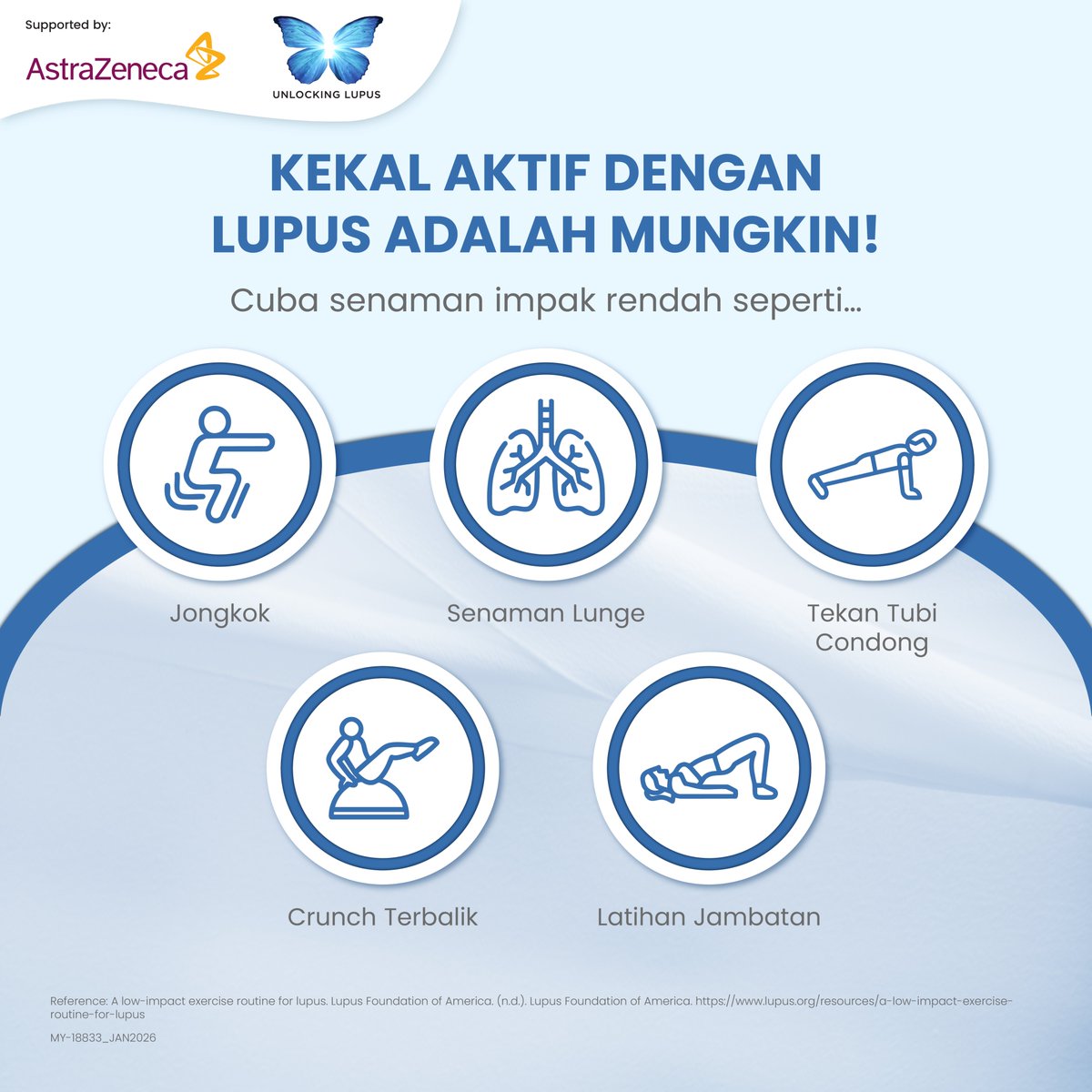 Kekal aktif walaupun hidup dengan lupus boleh menjadi cabaran! Cuba senaman berimpak rendah dan lakukan dengan perlahan dan konsisten untuk meningkatkan kekuatan otot dan fleksibiliti, sambil menjaga sendi daripada cedera.🧘‍♀️Berbincanglah dengan pakar reumatologi anda untuk