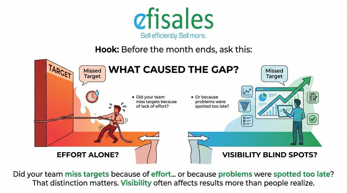 efisales's tweet photo. Before the month ends, ask this:

Did your team miss targets because of effort…

or because problems were spotted too late?

That distinction matters.

Visibility often affects results more than people realize https://t.co/ENMXlKqrAq