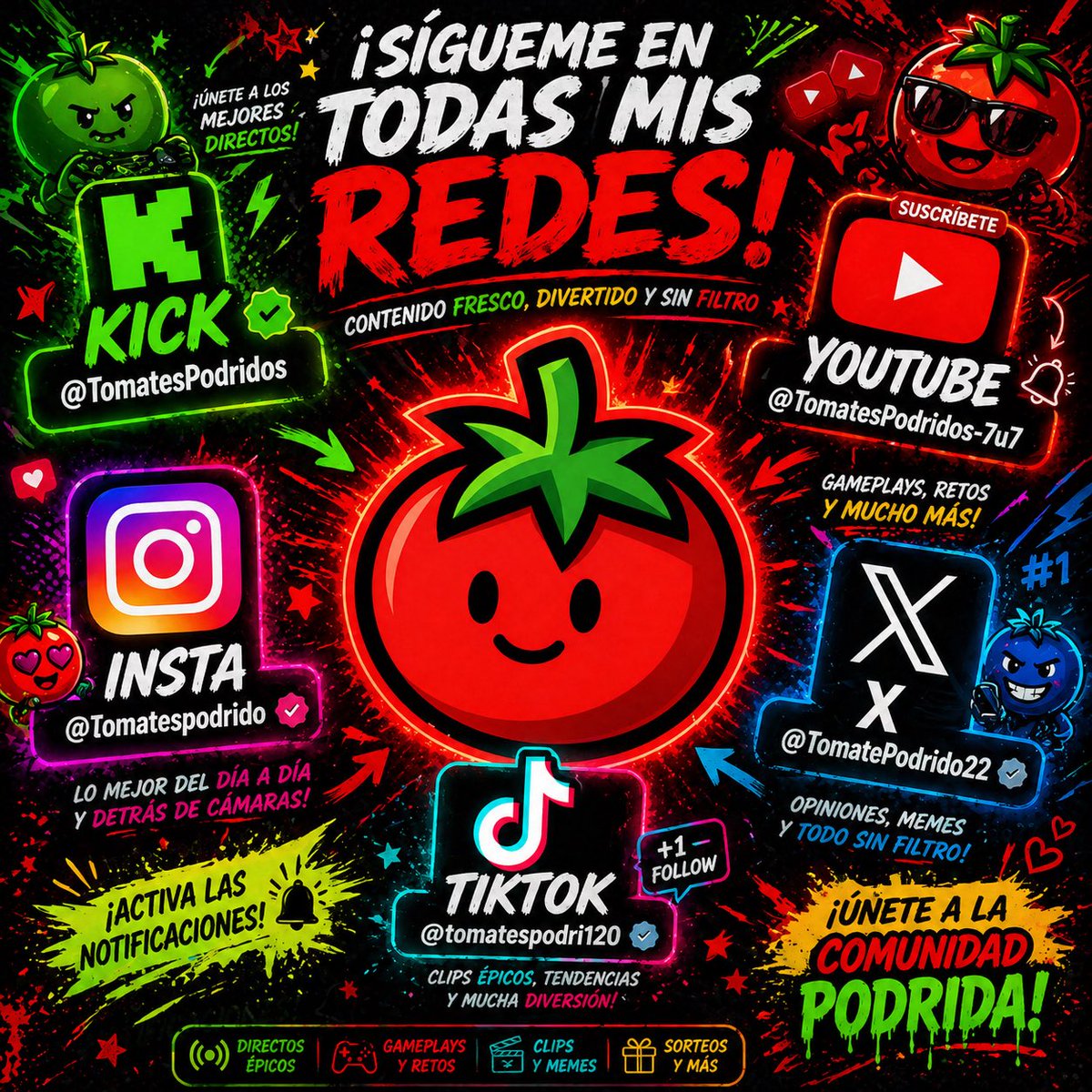 TomatePodrido22's tweet image. Hola gente como están, como nos cerraron la cuenta de tiktok hicimos esta nueva imagen con las redes de TomatesPodridos para nos sigan :) #streams #kick #x