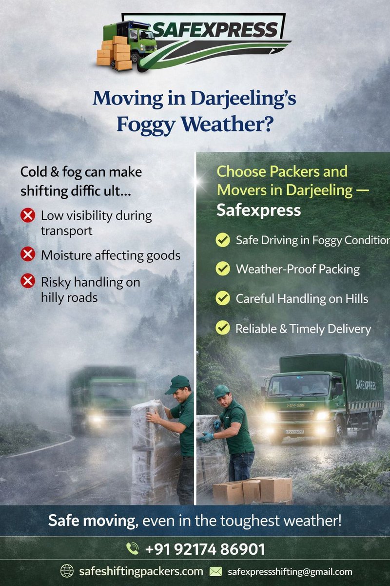 SPackers48232's tweet image. 📦 Moving in Darjeeling?

Choose Safexpress for:
✔ Safe Packing
✔ Secure Transport
✔ Stress-Free Shifting

📞 +91 92174 86901
🌐 safeshiftingpackers.com
📧 safexpressshifting@gmail.com

#PackersAndMovers #Darjeeling #MovingMadeEasy