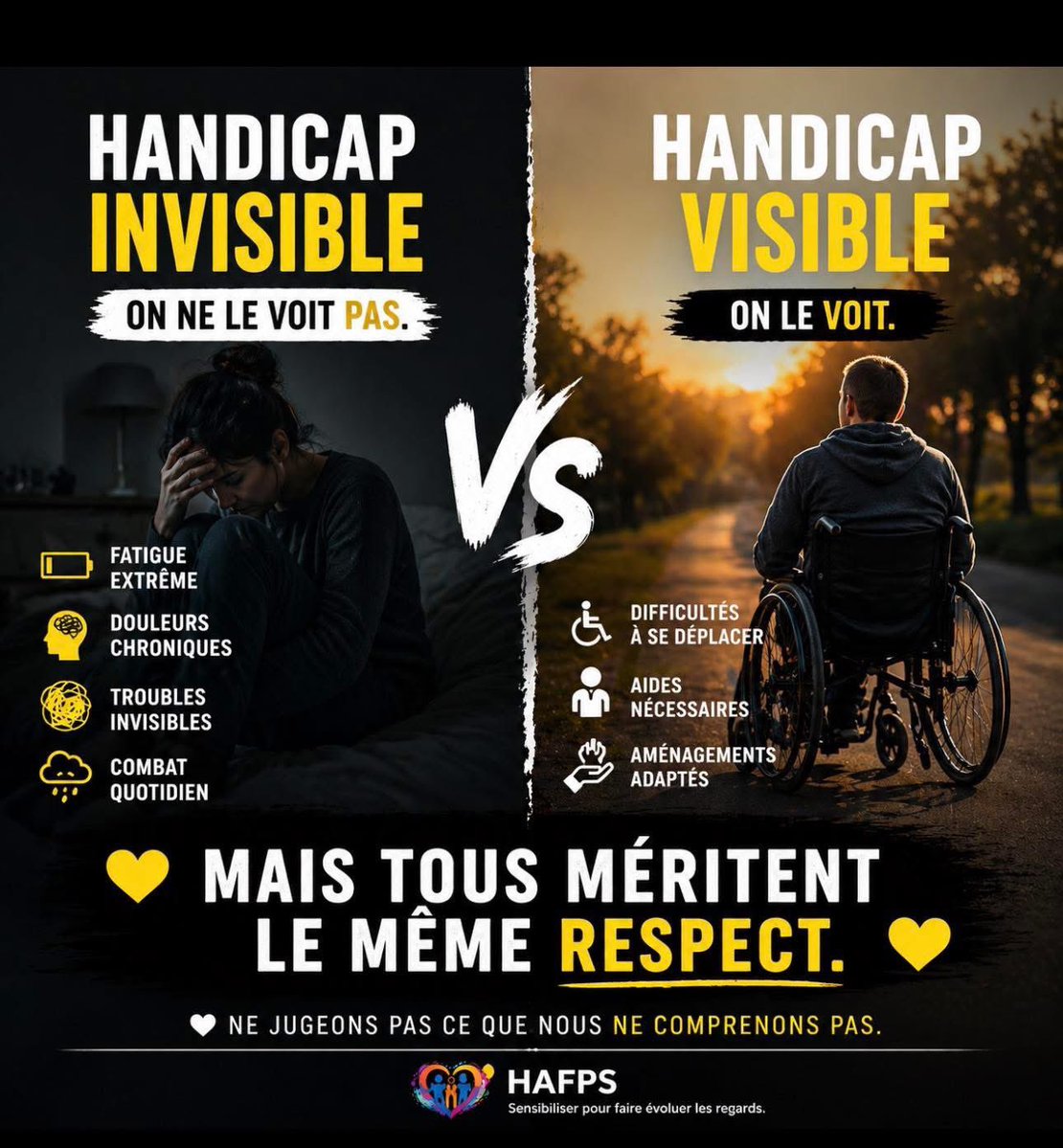 Cathare111's tweet image. 🚨 Visible ou invisible…

Le handicap est réel.
On voit certains combats.
On en ignore d’autres.

#HandicapInvisible #Handicap #Inclusion #Sensibilisation #Respect  #MaladieInvisible #HAFPS