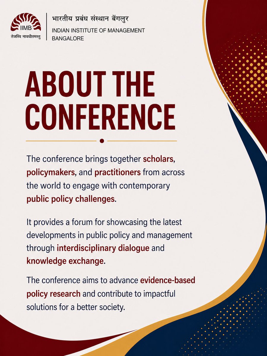 CPP_IIMB's tweet photo. Public policy isn’t one conversation, it’s many. From climate to digital public infrastructure, challenges are interconnected. Join the XXI Int’l Conf on Public Policy &amp; Management 2026 at IIMB. More information below!

Link for submission: https://t.co/IAEc21ldh0 https://t.co/eMF9ZUvTBK