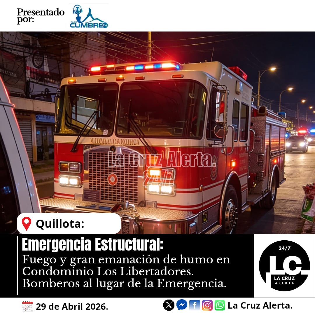 LA_CRUZ_ALERTA's tweet image. #QUILLOTA #AHORA: Central de Comunicaciones de Bomberos despacha las Máquinas M-34 y M-12 a un Clave 1-2 (Emergencia Estructural 1 o más pisos) en el Condominio Los Libertadores, ubicado en Chacabuco 960, preliminar se informa se fuego y humo en departamento Bomberos en el lugar.