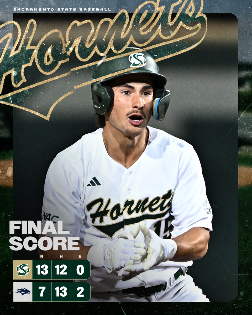 𝙁𝙄𝙉𝘼𝙇 𝙎𝘾𝙊𝙍𝙀
Sacramento State 13, Nevada 7

⚾️Poturnak: 2x3, 2R, 5RBI, 2B, HR
⚾️Dessens: 3x4, 4R, RBI
⚾️Mullin: 2x5, HR, 2RBI
⚾️Sewell: 2x3, RBI
⚾️Harry: 2x5, 2R, 2B

#StingersUp x <a href="/WACsports/">The Western Athletic Conference</a>
