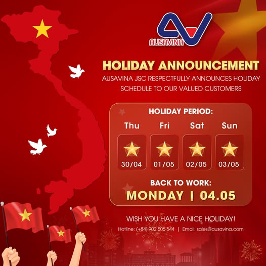 AUSAVINA2's tweet photo. 🎉𝐇𝐚𝐩𝐩𝐲 𝐑𝐞𝐮𝐧𝐢𝐟𝐢𝐜𝐚𝐭𝐢𝐨𝐧 &amp; 𝐋𝐚𝐛𝐨𝐮𝐫 𝐃𝐚𝐲
To celebrate, Ausavina office will be closed as follows:
🎊Closing date: April 30th - May 3rd, 2026
🎊Resumes date: May 4th, 2026

Shop now → https://t.co/sxcO4nNx7Y
Contact us → +84 902505544 or sales@ausavina.com https://t.co/UCZSQiOBGp
