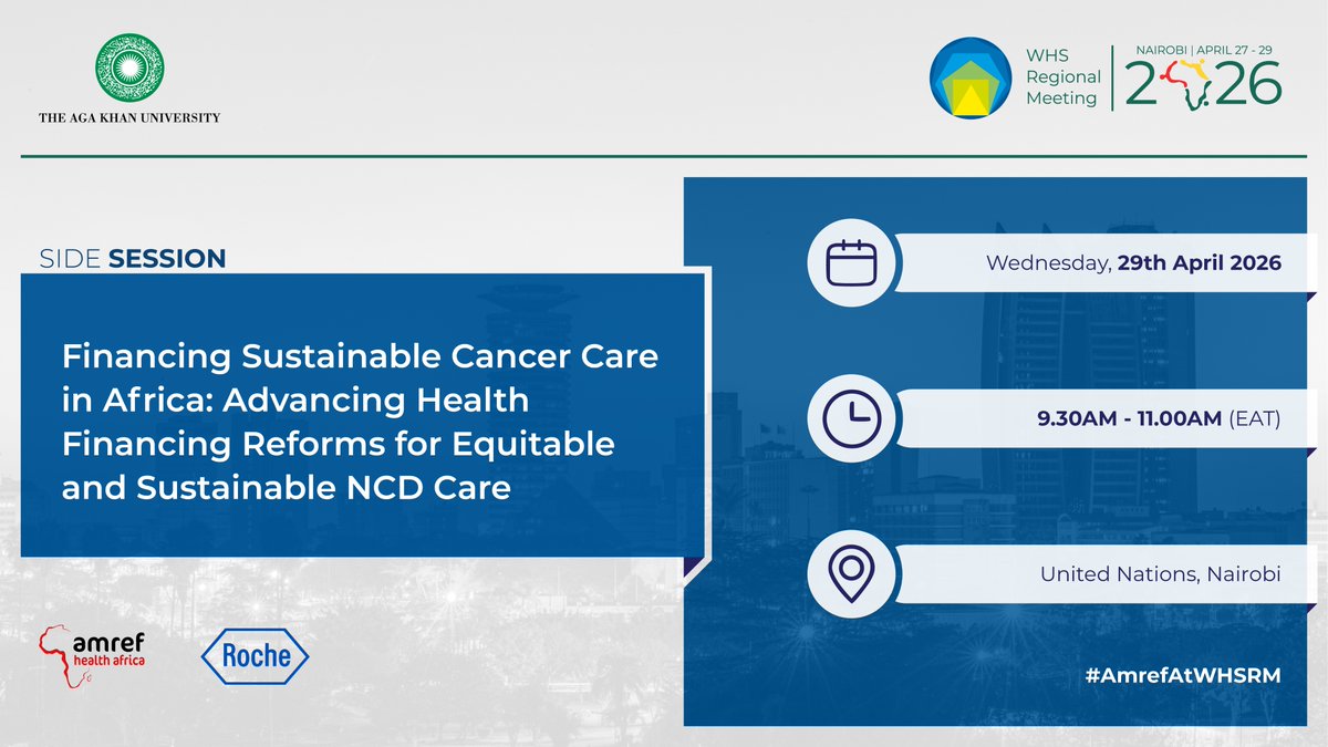 Amref_Worldwide's tweet image. It's happening today! Join us, together with @Roche_Africa, from 9:30 to 11:00 EAT on the sidelines of #WHSRM2026 for an engaging discussion on Financing Sustainable Cancer Care in Africa. We will explore strategies to move beyond crisis spending, invest in #cancer care, support