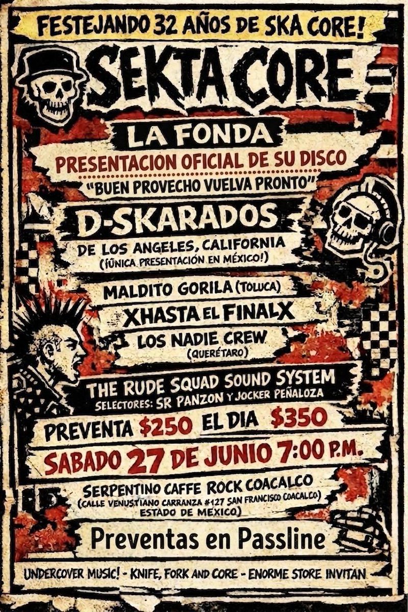 DSKARADOS's tweet photo. MEXICO !!! Regresamos Este Proximo Sabado 27 De Junio!!! Celebrando El 32 Aniversario De La Gran @SektaOfficial !!! No Se Lo Pierdan!
.
#Dskarados #CDMX #SkaPunk #Skacore #Sektacore https://t.co/WqKhXmgE4c