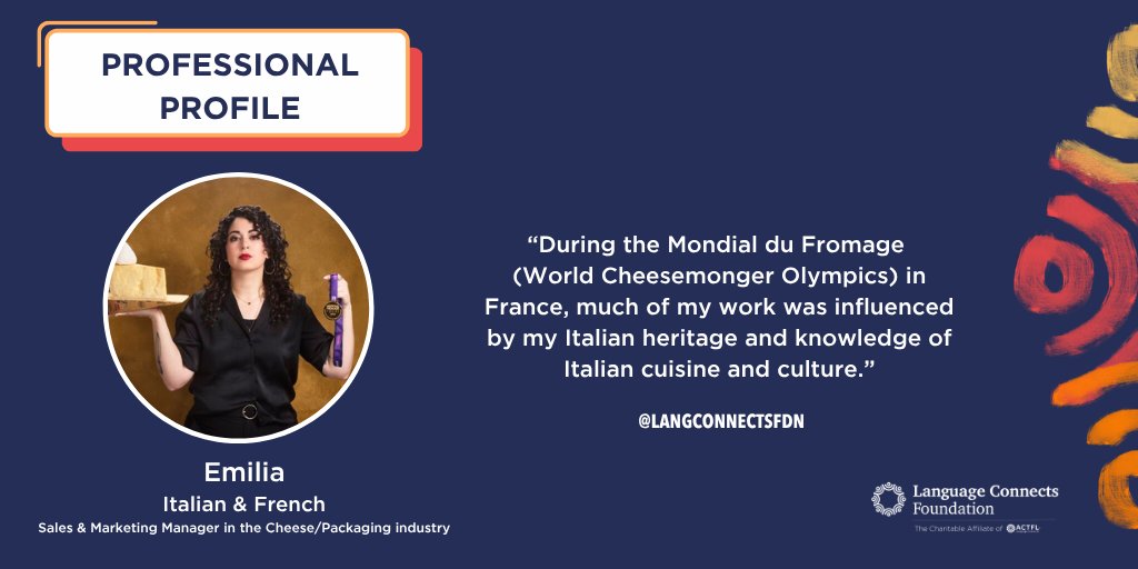 LangConnectsFdn's tweet image. Meet Emilia—a Sales &amp;amp; Marketing Manager in the Cheese/Packaging industry who recently earned the title of 2025 Meilleure Fromagère du Monde. Learn more about how Emilia connects with #French &amp;amp; #Italian at: bit.ly/4t27jb6