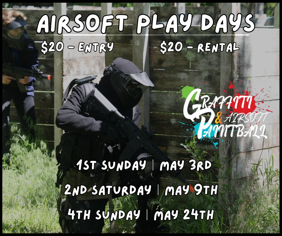 GraffitiPB's tweet image. The first PAINTBALL &amp;amp; AIRSOFT play day of the new month is this Sunday, May 3rd!   
Gates open at 8:30AM ︱ Check-In's start at 9AM Games start as soon as enough players are chrono'd  
#graffitipaintballnairsoft ︱ #paintball ︱ #airsoft