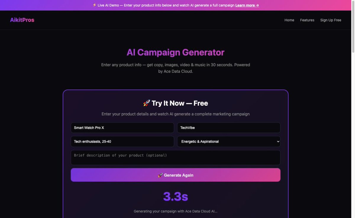 aikitpros's tweet photo. Day 9 #BuildWithAce
@aikitpros demo is LIVE
✅ Any product → 4 ad variants in 3s
✅ Ace Flux image gen (live task IDs)
✅ IG/FB/Google/TikTok copy
Try it: https://t.co/7ByYSa3uhg
@AceDataCloud #AceDataCloud #AIMarketing https://t.co/qvMxE0PDu5