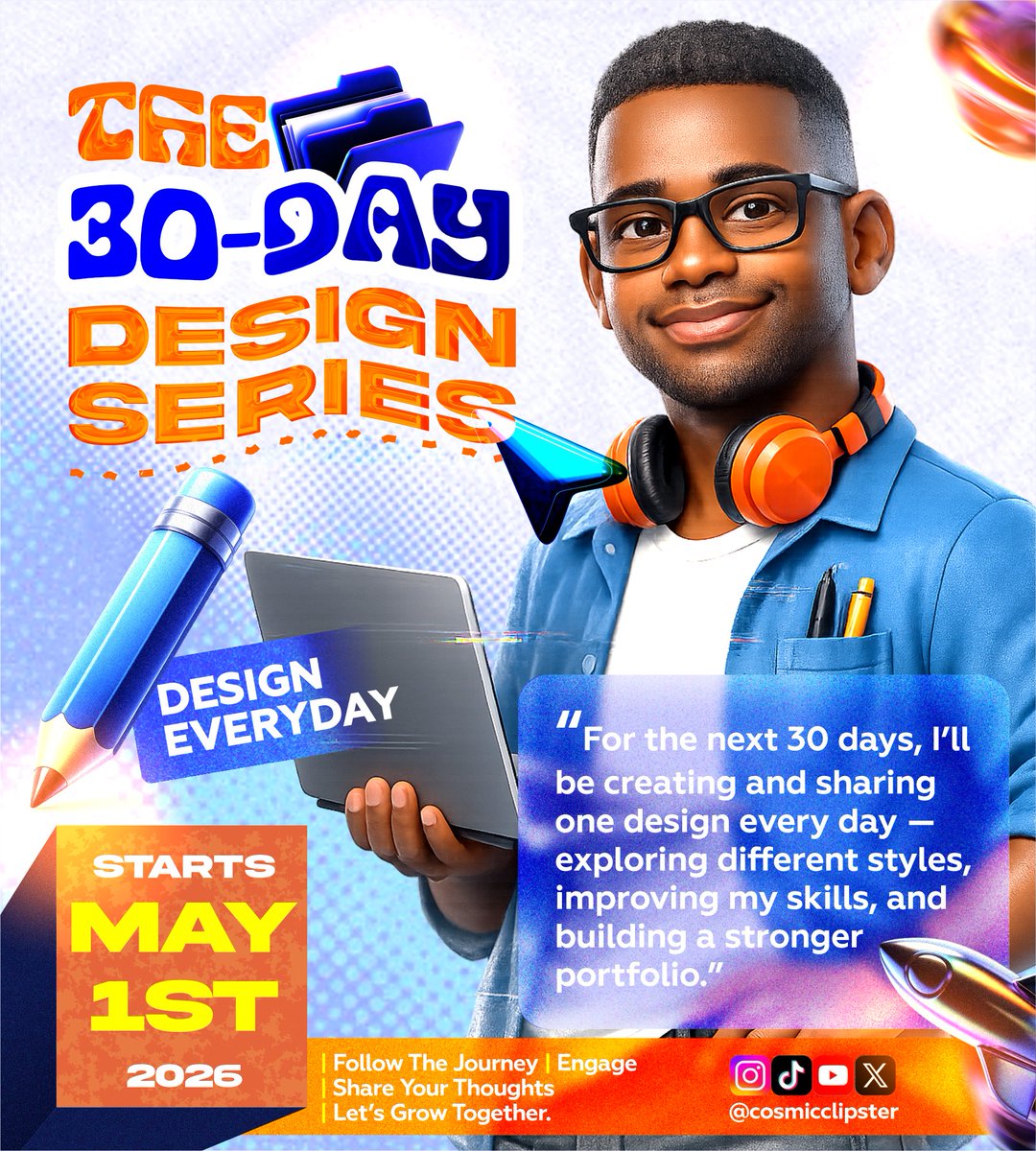 Cosmicclipster's tweet image. Announcing my 30‑Day Design Series. A month of discipline, creativity, and daily design work. Starts soon.
#30DayDesignSeries #GraphicDesign #DesignCommunity #CreativeJourney #cosmicclipster
Building my Path🧑‍💻🚀✅