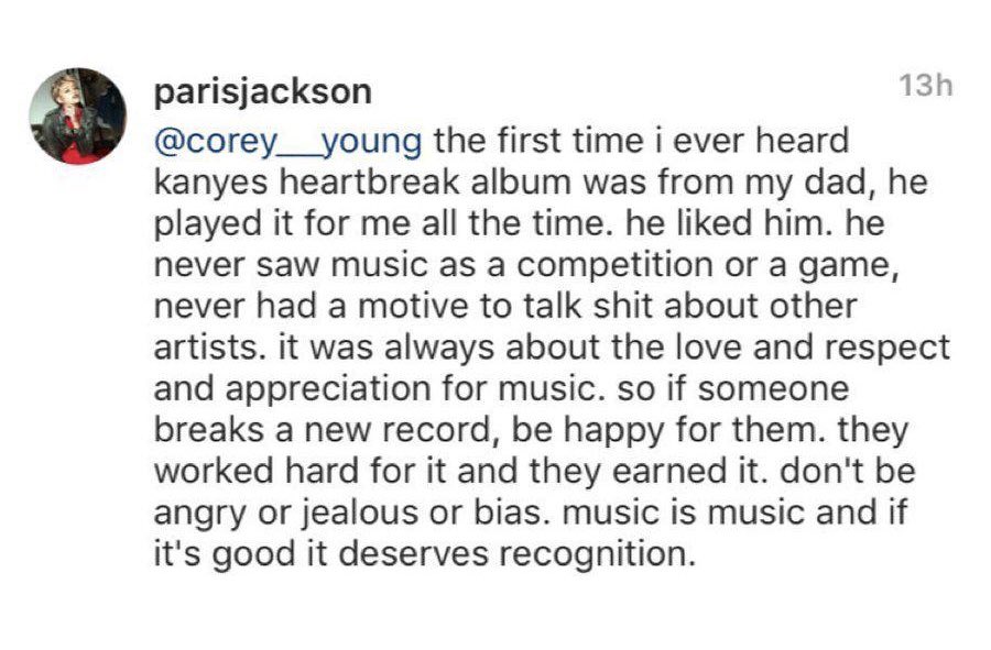 mfd00mbr's tweet photo. Michael and Kanye had several moments of musical connection.

"Through the Wire":
"They thought I was burnt up like Pepsi did Michael".

"Slow Jamz":
"She got a light skinned friend look like Michael Jackson / Got a dark skinned friend look like Michael Jackson".

"The New Workout Plan":
"It's like that old Michael Jackson shit".

"Gold Digger":
"She walkin' around lookin' like Michael with your money"

"Don’t Like":
"They wanna find me not breathin’ like they found Mike"

"I Am a God":
"The only rapper compared to Michael"

"Good Life":
direct sample of Michael Jackson's voice in the track "P.Y.T. (Pretty Young Thing)".
 
"Billie Jean 2008":
Kanye officially collaborated with Jackson's estate to remix this classic for the 25th anniversary re release of the album Thriller.

while listening to "Good Life," Michael Jackson asked, "Who's singing there? I liked that voice." Kanye replied that it was him, so Michael complimented him, saying he had a good voice.

Kanye claims that this comment put the "load on his shoulders" to make the album 808s & Heartbreak, which focused entirely on singing and autotune. 

he even stated in interviews: "Michael Jackson told me I can sing, so fuck what you all think."

Michael Jackson's daughter, Paris, publicly confirmed the mutual respect between the two:

Paris revealed that the first time she heard the album 808s & Heartbreak was because her father would play it "all the time" for her and her siblings when they were children.

in 2016, when Kanye surpassed Michael Jackson in the number of Top 40 Billboard hits, Paris defended Ye against angry fans, stating that her father was a fan and never saw music as a competition.