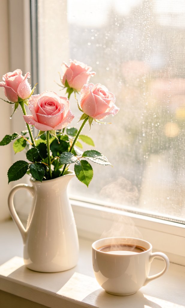 ChasingDD's tweet image. Morning light, fresh roses, and a warm cup to start the day right. 🌸☕ There’s something so peaceful about slow mornings by the window.
 #CozyVibes #SlowLiving #CoffeeLover