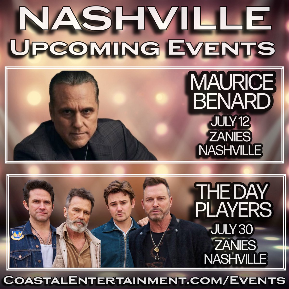 coastalent1's tweet photo. #Nashville 😍😍😍
Fun stuff coming up with @MauriceBenard on July 12th and @DayPlayersBand @ericmartsolf @BrandonBarash @CarsonBoatman @reevesforreal July 30th @zaniesnashville - book your tickets and meet your favs! #coastalentertainment https://t.co/5Xv0YyLTQc