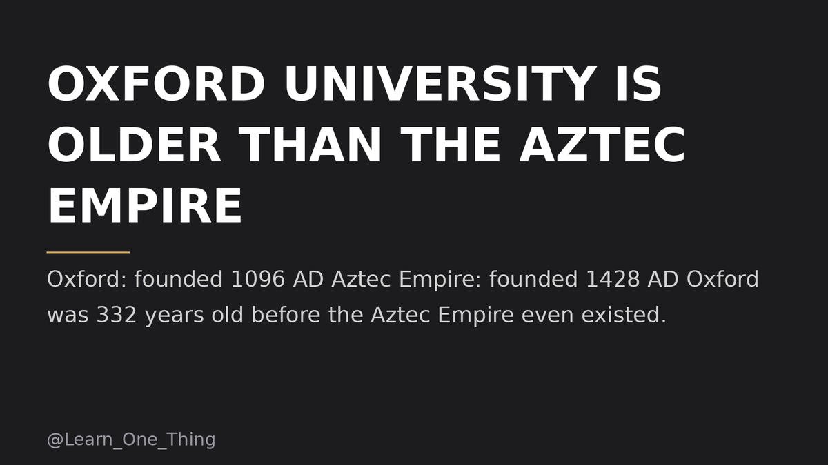 Learn_One_Thing's tweet photo. Oxford University is older than the Aztec Empire.

Oxford: founded 1096 AD
Aztec Empire: founded 1428 AD

Oxford was 332 years old before the first Aztec temple was ever built. https://t.co/VmEHxUop39