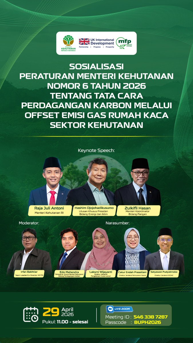 bphl11bjb's tweet photo. 🌿 Sobat Hijau, Siap Ikut dalam perjalanan Perdagangan Karbon Kehutanan?

Pemerintah resmi meluncurkan Peraturan Menteri Kehutanan Nomor 6 Tahun 2026 tentang Tata Cara Perdagangan Karbon melalui Offset Emisi Gas Rumah Kaca Sektor Kehutanan. https://t.co/Faas4cszmb