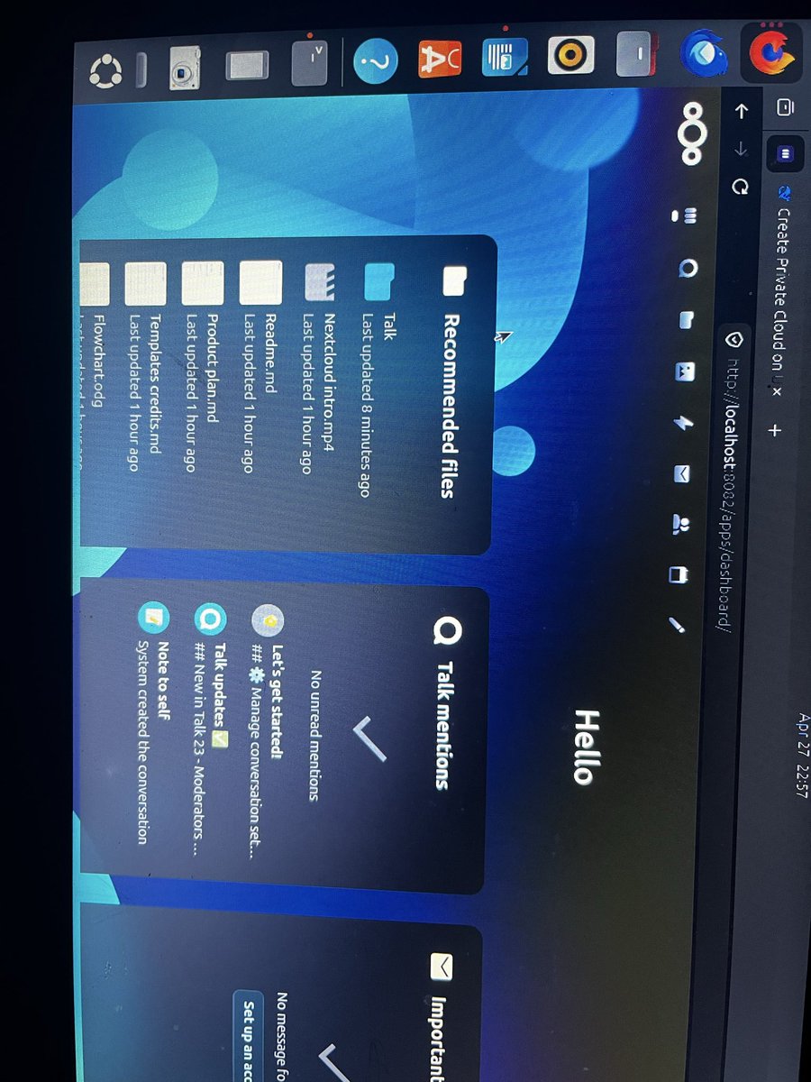 Odhiambo_Clovis's tweet image. PRIVATE CLOUD SERVER ☁️:
• self hosted cloud
POV: your “cloud storage” is now sitting in your room 😂

No more Google Drive and Icloud subscriptions.
Just storage, packets &amp;amp; hard drive

*nothing feels better than watching your server handle uploads😎

#nextcloud #cloud