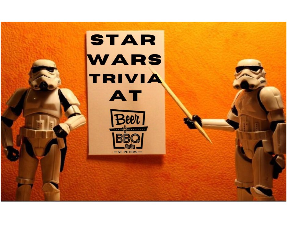 BeerBBQShop's tweet image. Make plans for THIS Sunday at 2pm!
Star Wars Trivia at @BeerBBQShop 
More Info:
facebook.com/share/17VAFMYo…

#MayTheFourthBeWithYou #starwarstrivia #wookietrivia #stpetersmo