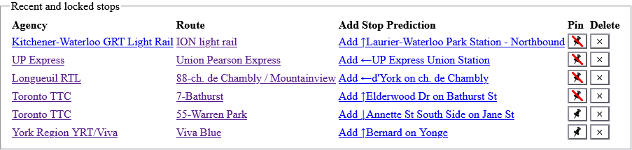 TransSee's tweet photo. TransSee now records recently visited stops in browser local storage, allowing you to go back to them with the "Recent Stops" drop-down. If you are on a prediction page, you can add the stop to your prediction list. You can also pin stops to prevent them from being deleted. https://t.co/AN3XS4bX4r