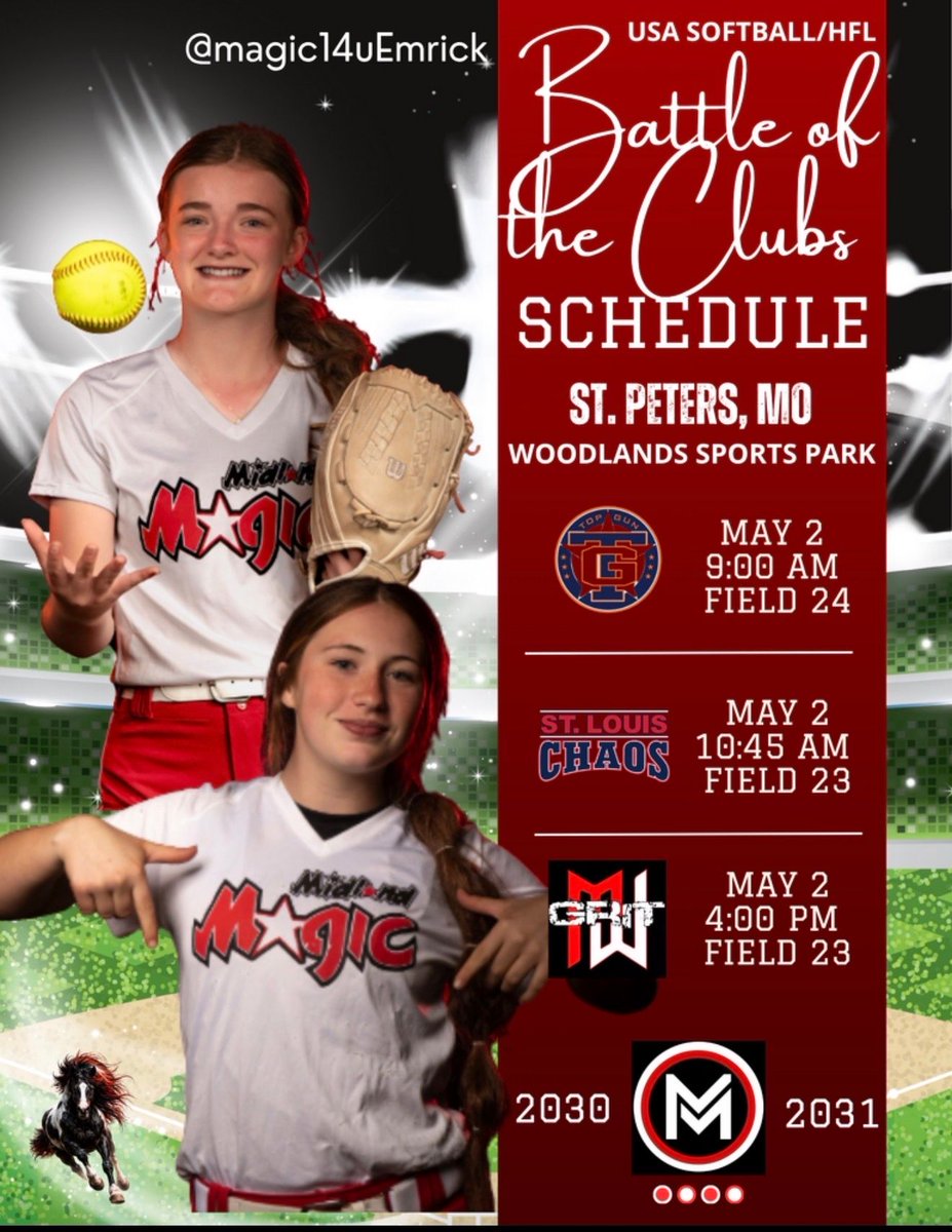 Magic14uEmrick's tweet photo. Battle of the Clubs time 💪🥎
Midland Magic 14U Emrick is ready to compete in St. Peters, MO!

📍 Woodlands Sports Park
🗓 May 2
⏰ 9:00 AM | 10:45 AM | 4:00 PM

Let’s go Magic! 🔥 #MidlandMagic #BattleOfTheClubs #Softball https://t.co/8nyydQxLjw