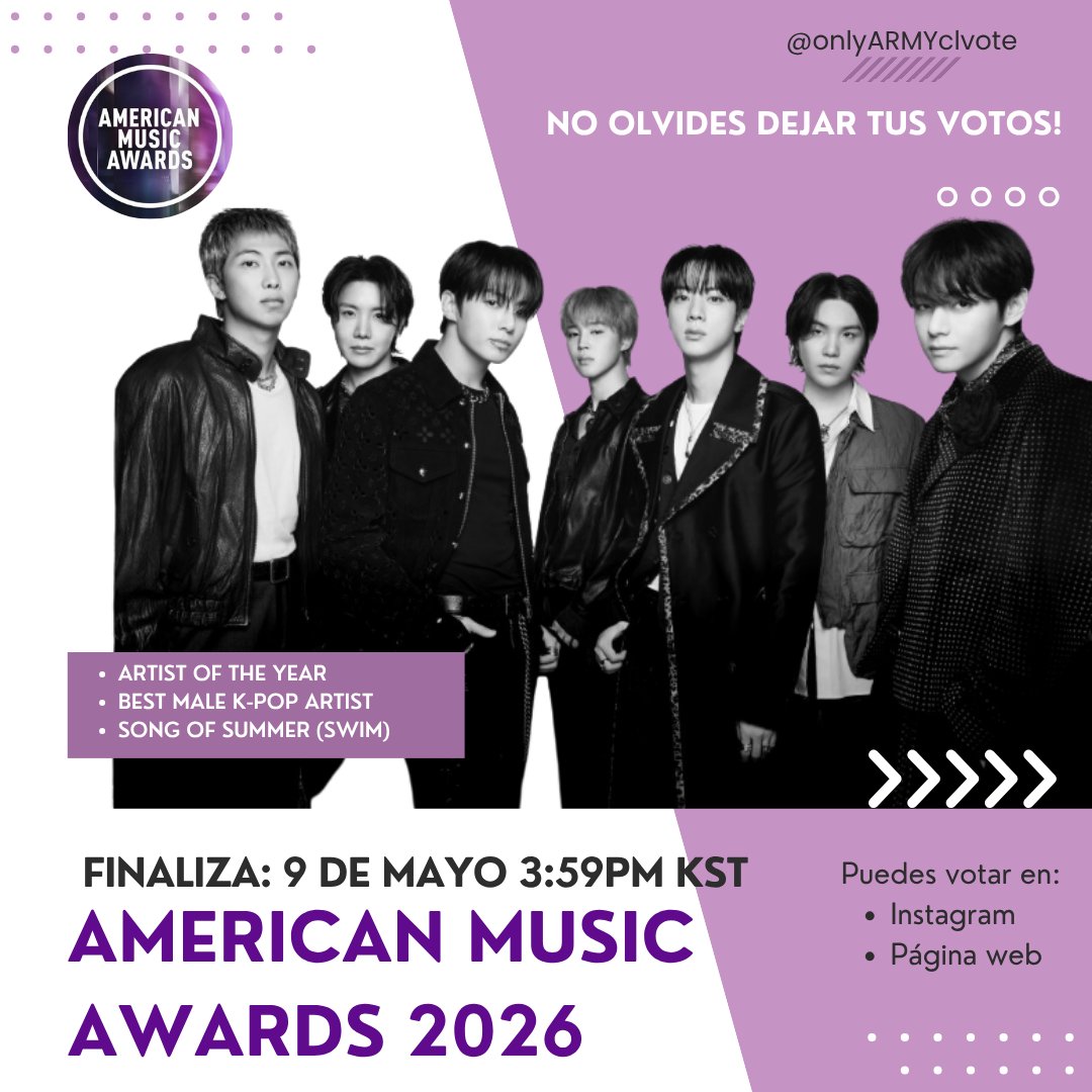 onlyARMYclvote's tweet photo. 🗳 #AMAs
Vota por @bts_bighit nominados en los AMAS 2026

Votos Instagram:
AOTY
https://t.co/WdrkWzANnc

Song of Summer / Best Male Kpop Artist
https://t.co/RAwLUPO9Vo

🔹Solo cuentas públicas
🔹Un comentario por #

Votos WEB:
https://t.co/i6HWRiq4wI
🔹30 votos diarios por cuenta https://t.co/CePvgwJWe1