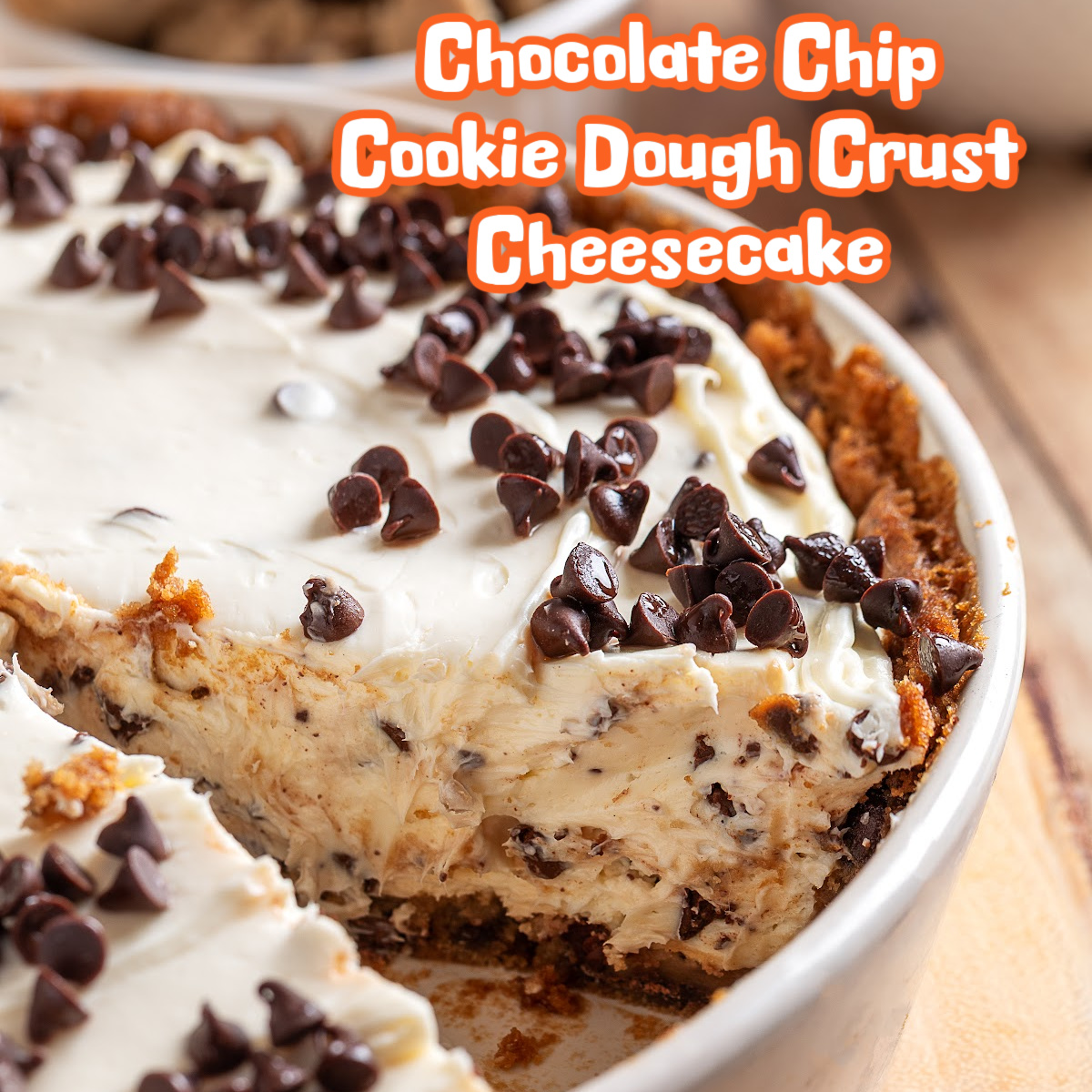 NoblePig's tweet photo. Chocolate chip cookie dough crust cheesecake with a baked cookie base and creamy no-bake filling. Chilled until firm with mini chocolate chips throughout, this is a different take on classic no-bake cheesecake. #NoblePig Recipe: https://t.co/CTkacF0rXD https://t.co/gPrN1RnfeK