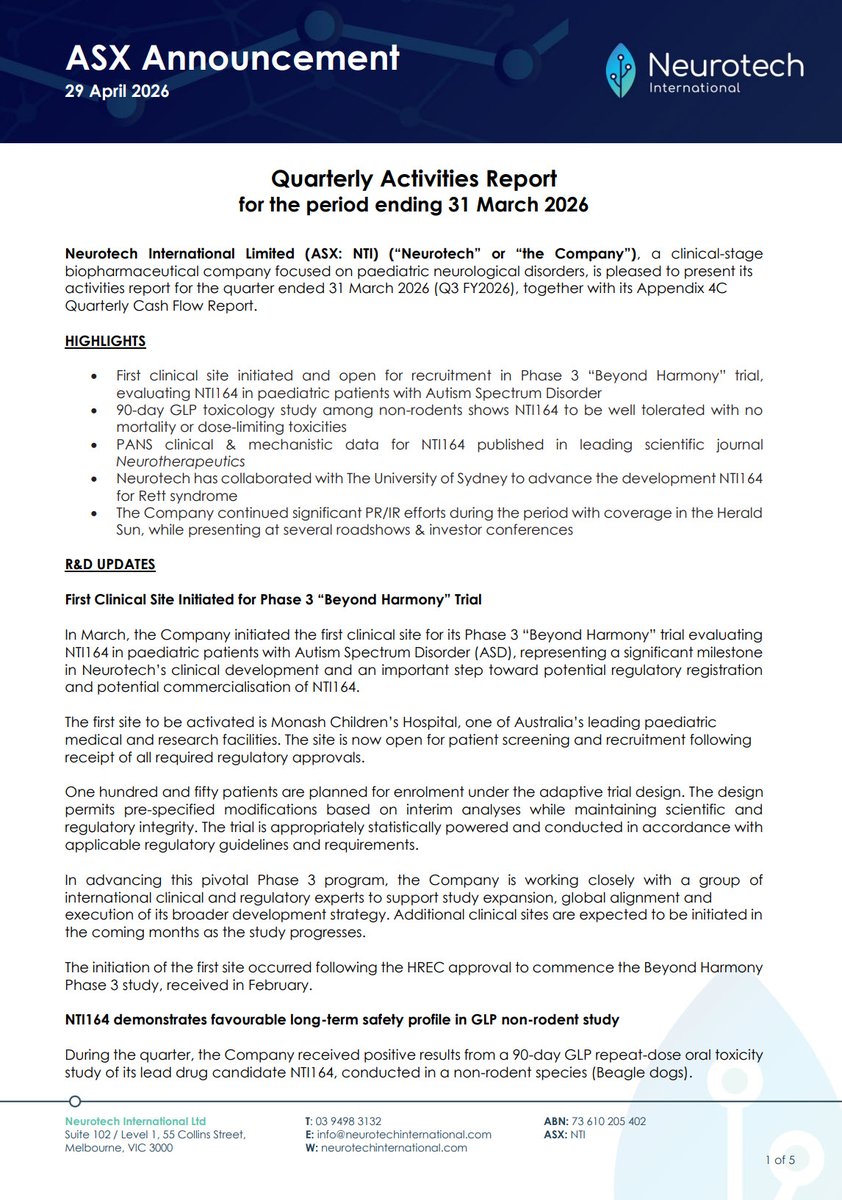 NeurotechInt's tweet photo. Our Quarterly Activities Report for the period ending 31 March 2026 has been released.
View the full $NTI report: https://t.co/OxLUfj1mTt https://t.co/GkAfEB1rLR