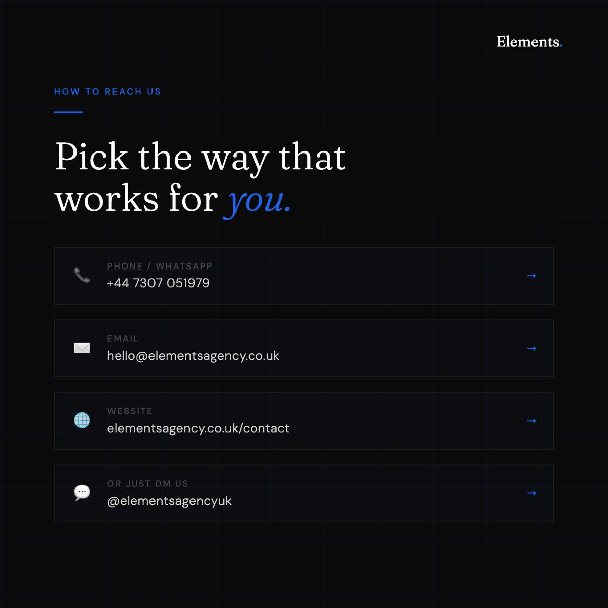 hello_elements's tweet image. Want to grow your business online? Let's talk.

WhatsApp · Email · DM · Website

We reply within 24 hours 👇
elementsagency.co.uk/contact

#webdesign #smallbusinessuk #digitalmarketing