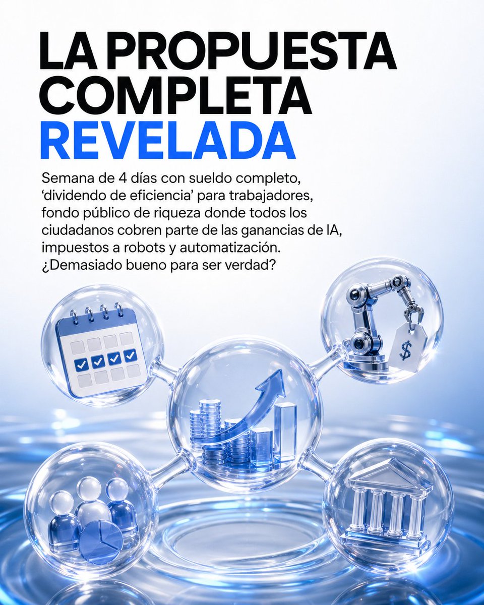 rodrigoserraok's tweet photo. 🚨 OpenAI acaba de soltar una bomba que podría cambiar tu vida laboral para siempre

¿Te imaginás trabajar 4 días a la semana y cobrar lo mismo? No es ciencia ficción. Es la propuesta oficial de una de las empresas más importantes de IA del mundo.

La realidad es que la IA ya está haciendo el trabajo que antes nos tomaba horas. Y OpenAI dice algo revolucionario: "Si la tecnología genera más riqueza, esa riqueza tiene que volver a la gente".

Su propuesta completa incluye:
🔹 Semana laboral de 4 días con sueldo completo
🔹 "Dividendo de eficiencia" para trabajadores
🔹 Fondo público donde todos cobremos parte de las ganancias de IA
🔹 Impuestos a la automatización

Las empresas que ya lo probaron no bajaron productividad. De hecho, muchas la aumentaron.

La pregunta del millón: ¿tu trabajo actual se podría hacer en 4 días con ayuda de IA?

Porque si OpenAI tiene razón, no estamos hablando de una utopía lejana. Estamos hablando del futuro del trabajo.

💬 Contame: ¿creés que es posible o demasiado bueno para ser verdad?

👥 Compartí este post con alguien que necesite escuchar esto
💾 Guardalo para cuando tu jefe pregunte por productividad
🔔 Seguime para más actualizaciones sobre el futuro del trabajo

---
#OpenAI #InteligenciaArtificial #FuturoDelTrabajo #Productividad #SemanaLaboral4Dias #Automatizacion #Tecnologia #Innovation #WorkLifeBalance #AI #MachineLearning #DigitalTransformation #FuturoLaboral #Eficiencia #RodrigoSerra #Argentina #Tech #Trabajo #Empresa #Sociedad #Economia #Renta #UBI #Revolucion #Cambio