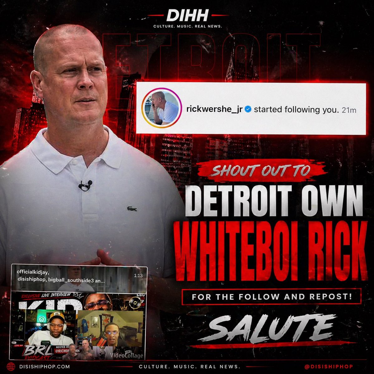 Salute to Detroit’s own Whiteboi Rick (<a href="/rickwershe_jr/">Rick Wershe</a>) for the follow &amp; repost 💯🔥

Real recognize real… appreciate the love!

DIHH going up 📈

#DisIsHipHop #Salute #Detroit #HipHopCulture