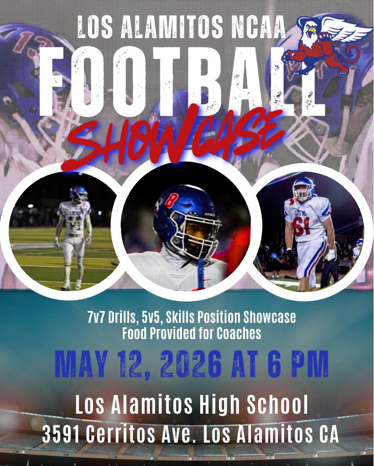 LosAlFootball's tweet photo. 🚨 College Coaches 🚨

We’d like to invite you out to Los Alamitos High School for our Spring Showcase!

Come check out a talented, competitive group of student-athletes ready to compete at the next level. https://t.co/UkqMC2wEUF