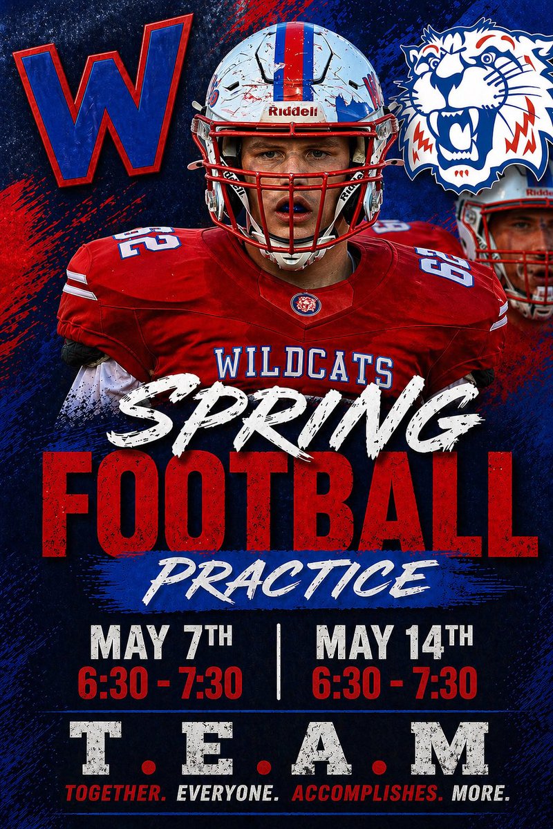 WhitkoWildcatFB's tweet photo. Spring football practice May 7th &amp; 14th! Current 8th - 11th graders! Can’t wait! https://t.co/YPRFkh9oED