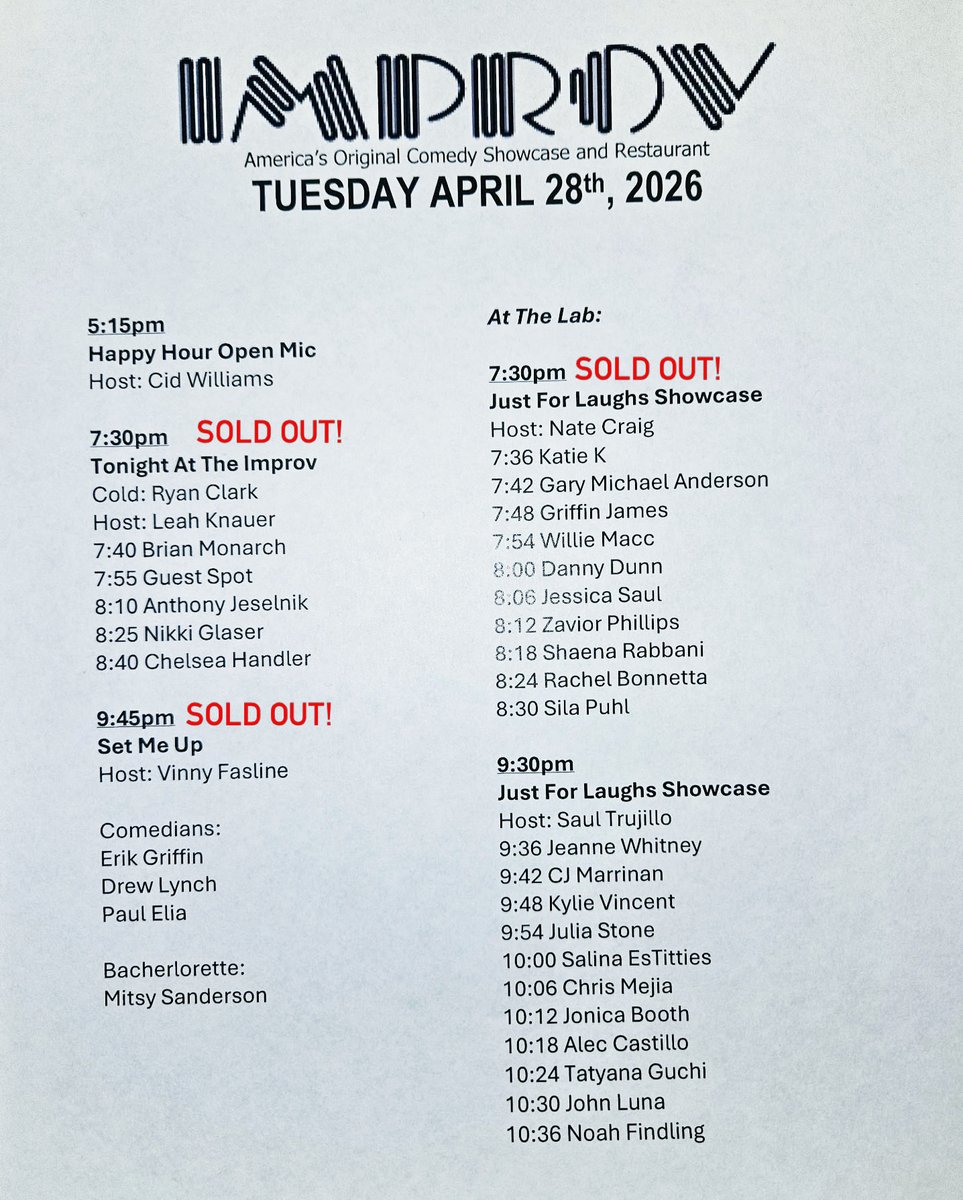 HollywoodImprov's tweet image. Set times tonight! Almost all Sold Out tonight. Get the last few tickets for the late Lab show at hollywoodimprov.com or arrive early and buy at the door! #hollywoodimprov #comedy