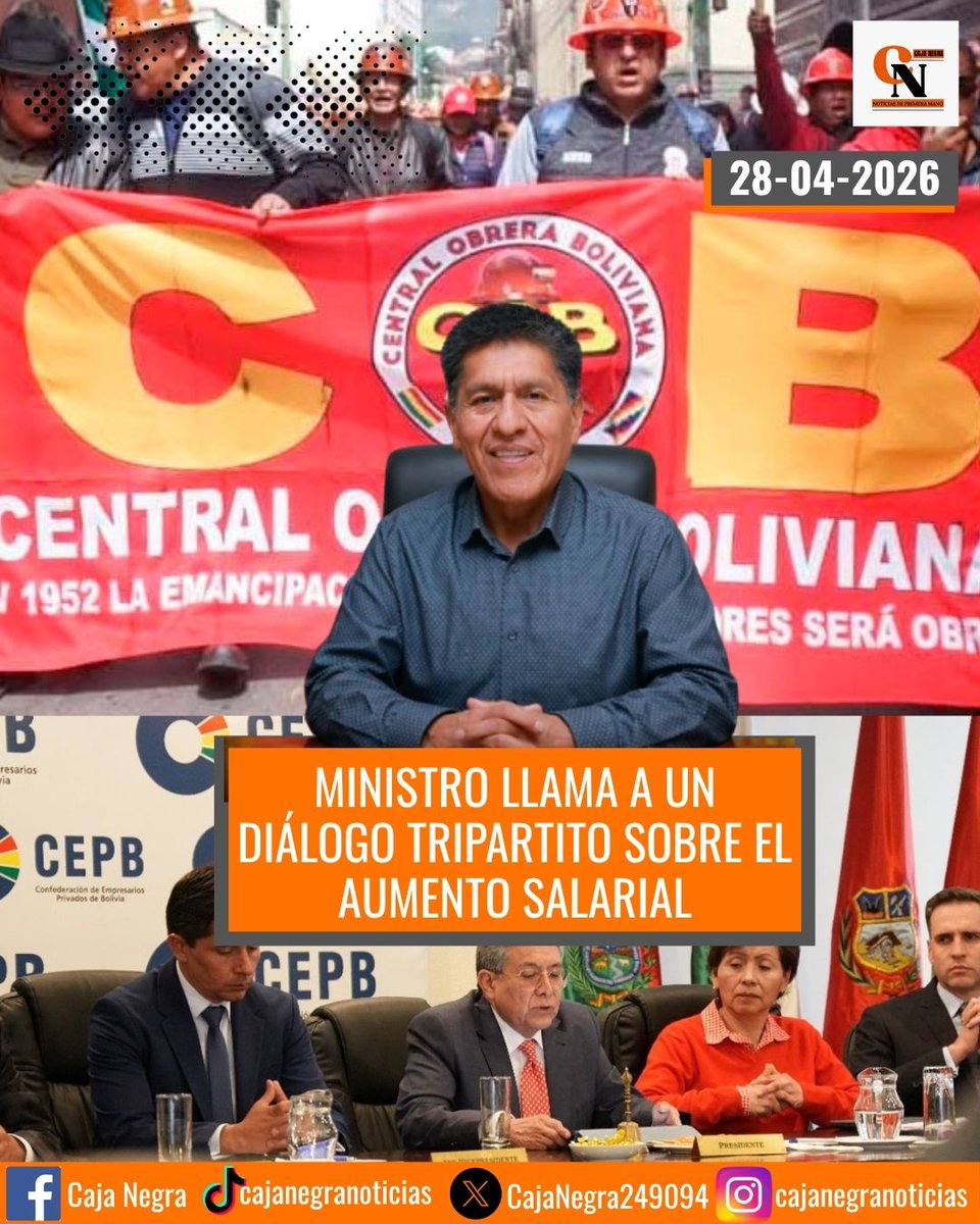 CajaNegra249094's tweet image. 🟠#sociedad| El Gobierno convocó a la #COB a un #diálogo tripartito (Gobierno, empresarios y trabajadores) sobre el incremento salarial para este miércoles, a las 14.00.
#cajanegra