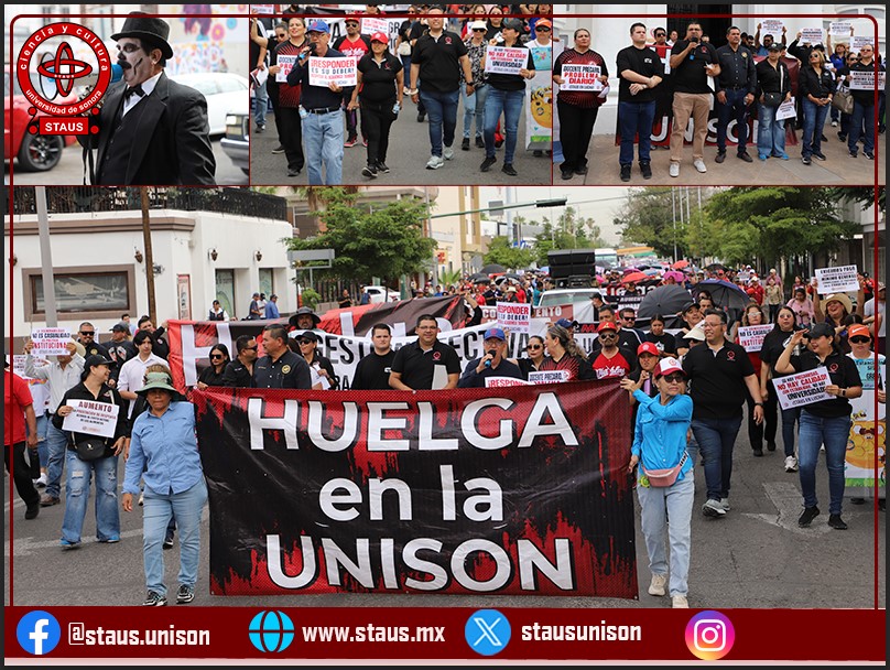 stausunison's tweet image. 🚩 Hoy el #STAUS y el #STEUS marchamos al Palacio de Gobierno de Sonora. 
La exigencia es clara: solución pronta a la revisión salarial y respeto a los derechos laborales de los trabajadores de la #UNISON. 
1️⃣ El contingente partió de la Plaza Zubeldía exigiendo la intervención