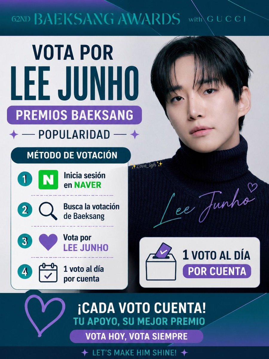 📢 ¡A VOTAR! 🗳️✨
🗳️ Método de votación:
📲 Tips rápidos:
✅ Inicia sesión en NAVER 🟢
✅ Busca la votación de Baeksang 🔍
✅ Vota por LEE JUNHO 🐧💛
✅ Repite cada día 📅🔄
🔥 Constancia = Victoria 🔥
¡TODOS los votos suman! 📈🚀
💛 Demostremos cuánto lo apoyamos 💛
✨ Let’s