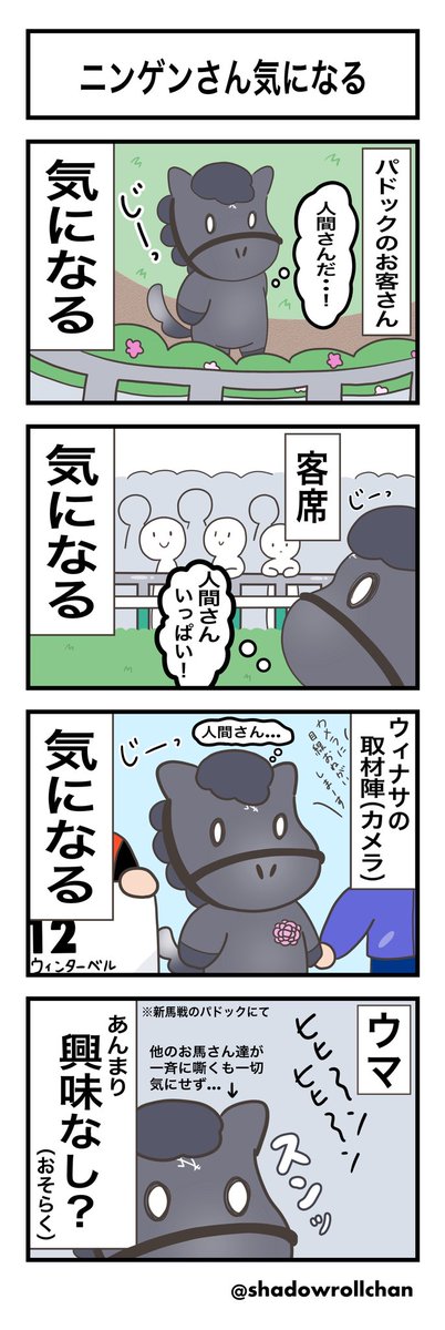 shadowrollchan's tweet photo. 【タップしてご覧ください❣️】

四コマ漫画「ニンゲンさん気になる」

パドックでも馬場でもウィナサでもずっとお客さんをキョロキョロ見てるウィンターベルくんが可愛いすぎるので4コマにしました。

カメラ目線もいつもバッチリです👌✨

#ウィンターベル
#競馬 
#四コマ漫画 https://t.co/A8ZiWtBFdu