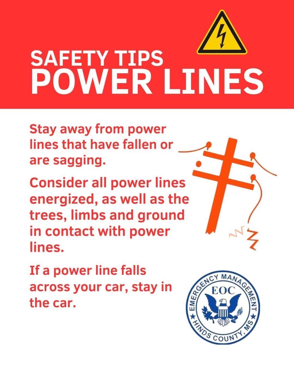 HindsEOC's tweet image. Stay away from downed power lines and areas of debris. Report downed lines immediately at 1-800-ENTERGY (1-800-368-3749), and call your local police or fire department. 

#SafetyFirst from our community partners at @EntergyMS
