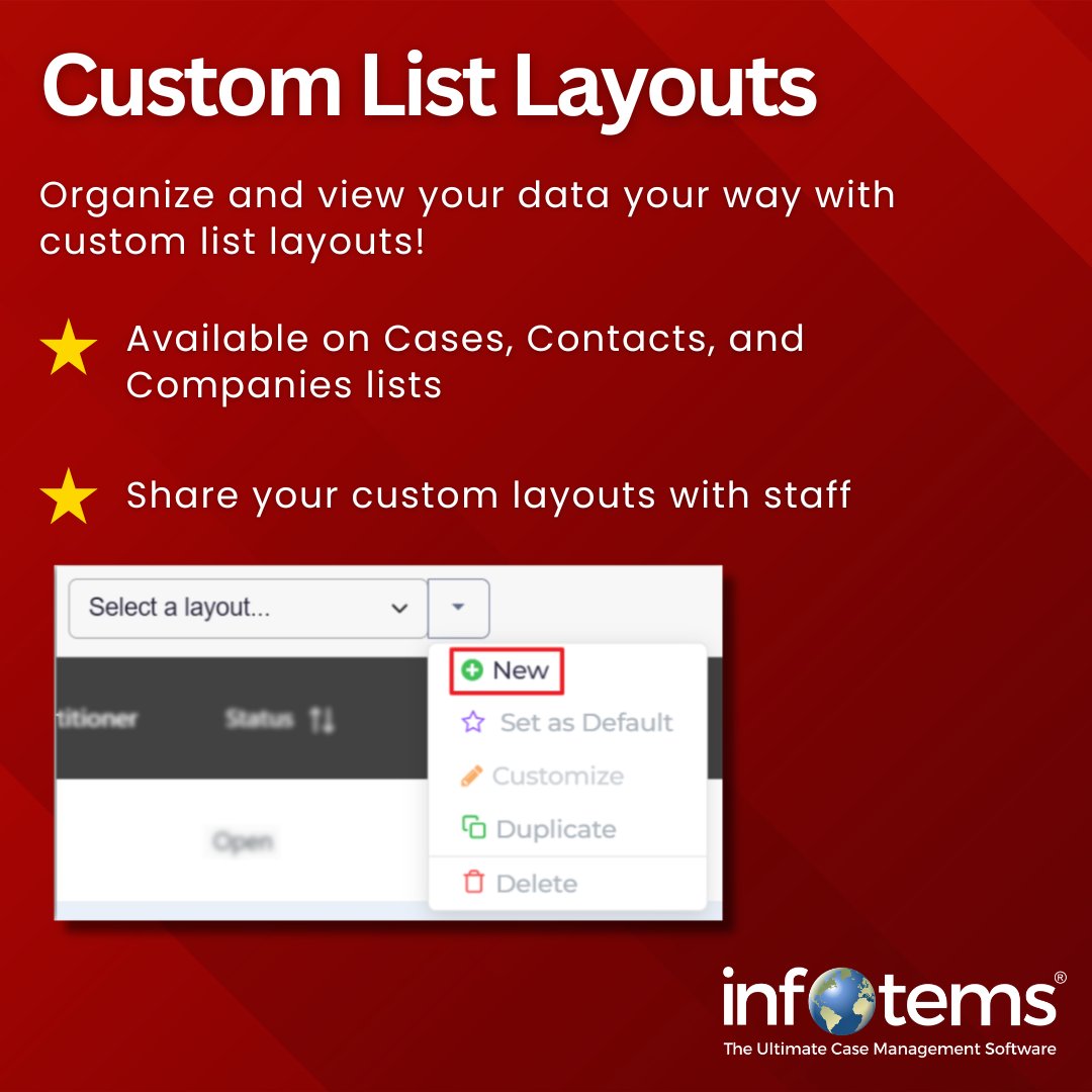 Infotems's tweet photo. We know one size doesn't fit all, with custom list layouts you can organize your data your way ⚙️✨ ... and share them with your team!

#casemanagement #software #tech #legaltech #lawtech #immigration #immigrationusa #immigrationcasemanagement #immigrationlaw https://t.co/h6VypUvyZq